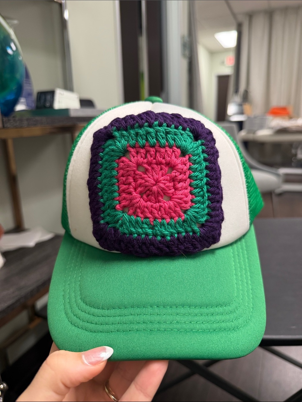Green Trucker Hat with Pink & Purple Crochet Patch